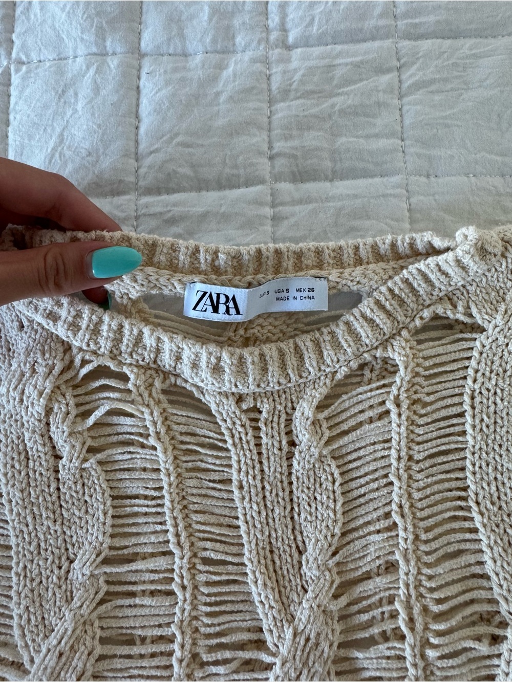Zara Cable Knit Distressed Openwork Crop Sweater - Cream / Size S - Picture 5 of 5